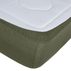 Bon marché ❤️ Drap Housse En Lin Adorable 140x190cm Vert Kaki ⭐ 7