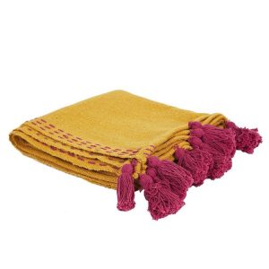 Grosses soldes ✨ The Home Deco Factory Jeté De Canapé Surpiqué Pompons Jaune 130×150 Cm ⭐ 7