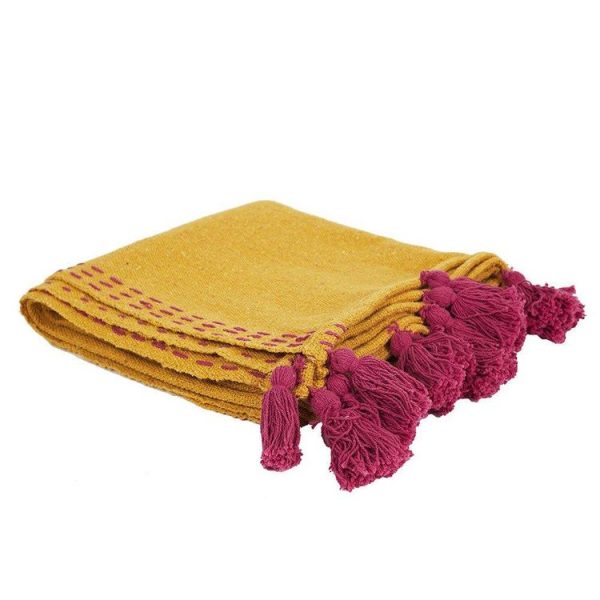 Grosses soldes ✨ The Home Deco Factory Jeté De Canapé Surpiqué Pompons Jaune 130×150 Cm ⭐ 3