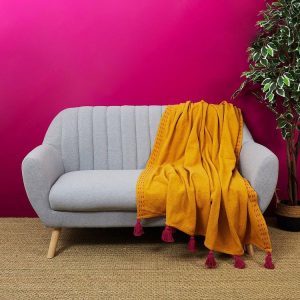 Grosses soldes ✨ The Home Deco Factory Jeté De Canapé Surpiqué Pompons Jaune 130×150 Cm ⭐ 9