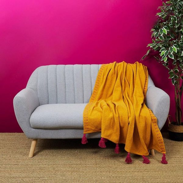 Grosses soldes ✨ The Home Deco Factory Jeté De Canapé Surpiqué Pompons Jaune 130×150 Cm ⭐ 4